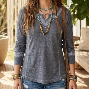 Aventura Grey Embroidered V-Neck Top Organic Cotton Blend Boho Long Sleeve